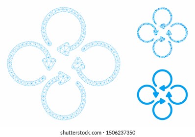 Mesh rotation model with triangle mosaic icon. Wire frame triangular network of rotation. Vector mosaic of triangle parts in different sizes, and color tints. Abstract flat mesh rotation,