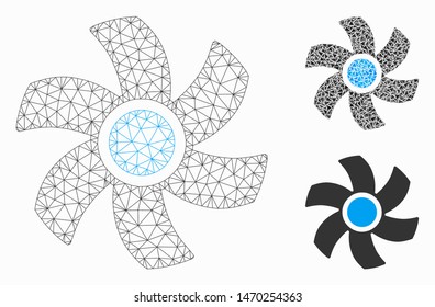 Mesh rotor model with triangle mosaic icon. Wire carcass polygonal mesh of rotor. Vector collage of triangle elements in different sizes, and color hues. Abstract flat mesh rotor,