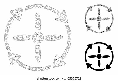 Mesh rotor model with triangle mosaic icon. Wire frame polygonal mesh of rotor. Vector composition of triangle parts in different sizes, and color hues. Abstract 2d mesh rotor,