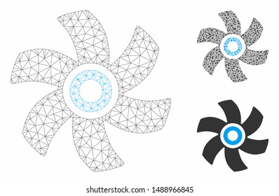 Mesh rotor model with triangle mosaic icon. Wire frame polygonal mesh of rotor. Vector collage of triangle parts in different sizes, and color tints. Abstract flat mesh rotor,