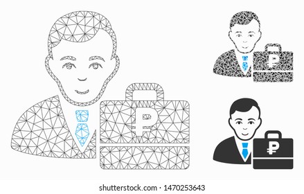 Mesh rouble accounter model with triangle mosaic icon. Wire carcass polygonal mesh of rouble accounter. Vector collage of triangles in various sizes, and color tints.