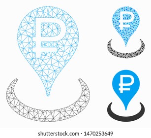 Mesh rouble bank location model with triangle mosaic icon. Wire frame triangular mesh of rouble bank location. Vector mosaic of triangles in different sizes, and color hues.