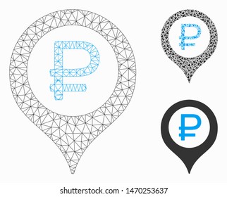 Mesh rouble bank marker model with triangle mosaic icon. Wire frame triangular mesh of rouble bank marker. Vector mosaic of triangle elements in various sizes, and color tones.
