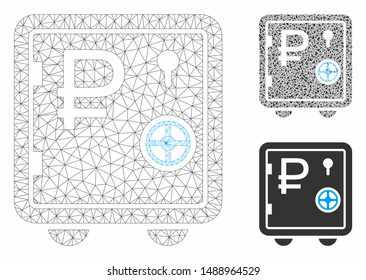 Mesh rouble bank safe model with triangle mosaic icon. Wire frame triangular mesh of rouble bank safe. Vector mosaic of triangle elements in various sizes, and color shades.