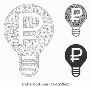 Mesh rouble bulb model with triangle mosaic icon. Wire frame triangular mesh of rouble bulb. Vector composition of triangle elements in various sizes, and color shades. Abstract flat mesh rouble bulb,