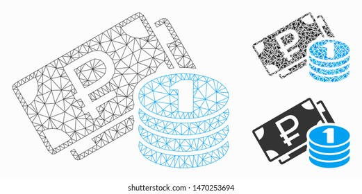 Mesh rouble cash model with triangle mosaic icon. Wire frame polygonal mesh of rouble cash. Vector collage of triangle elements in variable sizes, and color tints. Abstract flat mesh rouble cash,