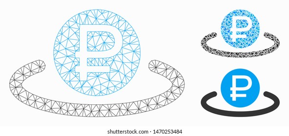 Mesh rouble deposit model with triangle mosaic icon. Wire carcass polygonal network of rouble deposit. Vector mosaic of triangle parts in variable sizes, and color shades.