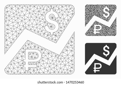 Mesh rouble and dollar finances model with triangle mosaic icon. Wire frame triangular mesh of rouble and dollar finances. Vector mosaic of triangle parts in variable sizes, and color tints.