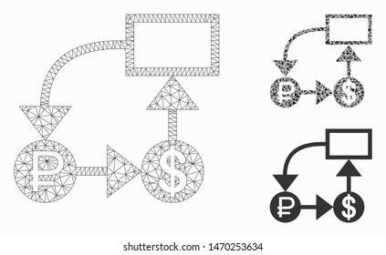 Mesh rouble and dollar scheme model with triangle mosaic icon. Wire carcass polygonal network of rouble and dollar scheme. Vector mosaic of triangle elements in variable sizes, and color hues.