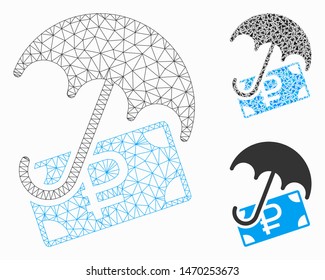 Mesh rouble financial safety model with triangle mosaic icon. Wire frame polygonal mesh of rouble financial safety. Vector collage of triangle parts in different sizes, and color shades.