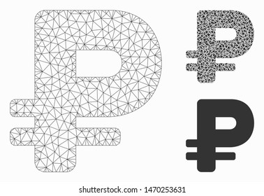 Mesh rouble model with triangle mosaic icon. Wire frame triangular mesh of rouble. Vector mosaic of triangle elements in variable sizes, and color tints. Abstract 2d mesh rouble,