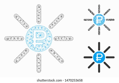 Mesh rouble source model with triangle mosaic icon. Wire frame triangular mesh of rouble source. Vector mosaic of triangle parts in various sizes, and color tinges. Abstract 2d mesh rouble source,