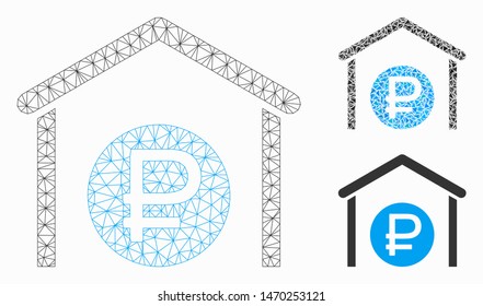 Mesh rouble storage model with triangle mosaic icon. Wire carcass triangular mesh of rouble storage. Vector mosaic of triangle parts in variable sizes, and color tinges.