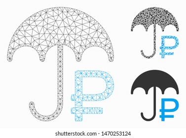 Mesh rouble umbrella model with triangle mosaic icon. Wire frame polygonal mesh of rouble umbrella. Vector mosaic of triangle parts in various sizes, and color hues. Abstract 2d mesh rouble umbrella,