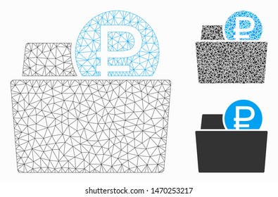 Mesh rouble wallet model with triangle mosaic icon. Wire frame triangular mesh of rouble wallet. Vector composition of triangle elements in various sizes, and color shades.