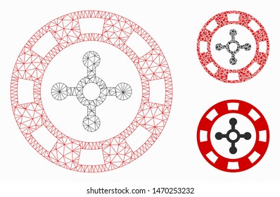 Mesh roulette casino chip model with triangle mosaic icon. Wire frame triangular mesh of roulette casino chip. Vector mosaic of triangles in various sizes, and color tints.