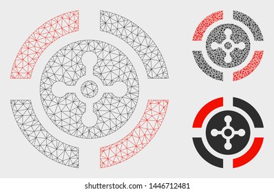 Mesh roulette model with triangle mosaic icon. Wire carcass triangular mesh of roulette. Vector collage of triangle parts in variable sizes, and color tints. Abstract 2d mesh roulette,