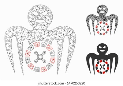 Mesh roulette spectre monster model with triangle mosaic icon. Wire frame triangular mesh of roulette spectre monster. Vector mosaic of triangles in variable sizes, and color tones.
