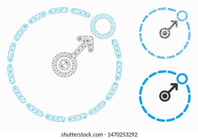 Mesh round area border model with triangle mosaic icon. Wire frame triangular mesh of round area border. Vector mosaic of triangle elements in variable sizes, and color tones.