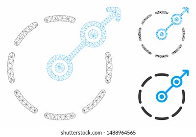 Mesh round area exit model with triangle mosaic icon. Wire carcass polygonal mesh of round area exit. Vector mosaic of triangle parts in various sizes, and color tones.