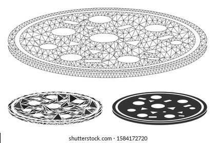 Mesh round pizza model with triangle mosaic icon. Wire carcass polygonal mesh of round pizza. Vector mosaic of triangle parts in variable sizes, and color hues. Abstract flat mesh round pizza,