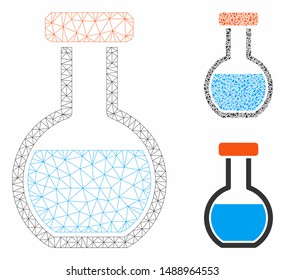 Mesh round retort model with triangle mosaic icon. Wire frame triangular mesh of round retort. Vector collage of triangle elements in variable sizes, and color tinges. Abstract flat mesh round retort,