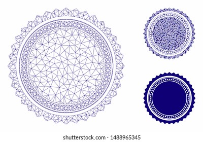 Mesh round rosette seal model with triangle mosaic icon. Wire carcass polygonal mesh of round rosette seal. Vector mosaic of triangle elements in variable sizes, and color tinges.