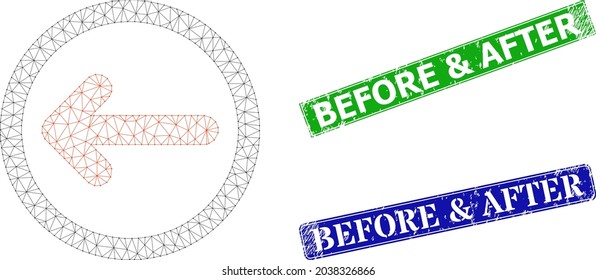 Mesh Rounded Left Arrow Model, And Before And After Blue And Green Rectangular Rubber Stamps. Mesh Wireframe Image Is Created From Rounded Left Arrow Icon.