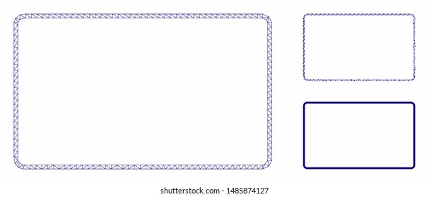 Mesh rounded rectangle frame model with triangle mosaic icon. Wire carcass triangular mesh of rounded rectangle frame. Vector mosaic of triangle parts in various sizes, and color tints.