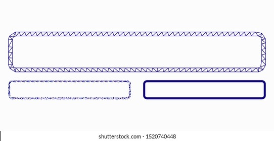 Mesh rounded rectangle frame model with triangle mosaic icon. Wire carcass triangular mesh of rounded rectangle frame. Vector collage of triangle parts in variable sizes, and color shades.