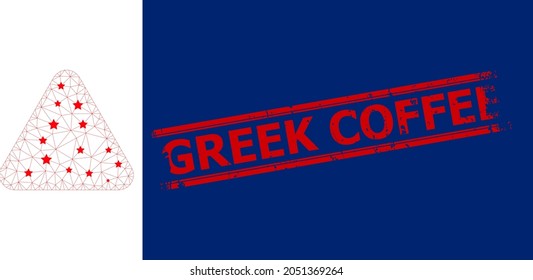 Ilustración de vectores de iconos poligonales de triángulo redondeado en malla y marca de agua corroída en el COFFEE de GREEK rojo. El modelo Carcass se basa en un icono plano de triángulo redondeado, con estrellas y red triangular.