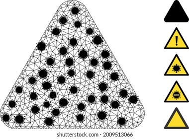 Mesh rounded triangle polygonal symbol vector illustration, with black Covid centers. Carcass model is created from rounded triangle flat icon, with virus centers and triangle mesh.