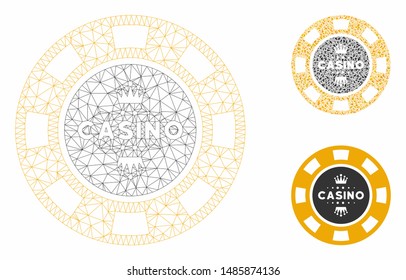Mesh royal casino chip model with triangle mosaic icon. Wire frame polygonal mesh of royal casino chip. Vector composition of triangle elements in various sizes, and color tones.