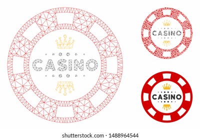 Mesh royal casino chip model with triangle mosaic icon. Wire frame polygonal mesh of royal casino chip. Vector mosaic of triangle elements in variable sizes, and color tinges.