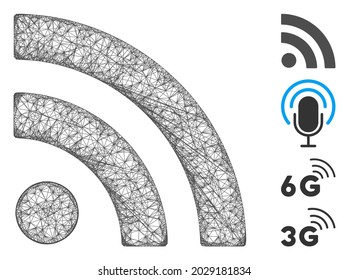 Mesh rss web icon vector illustration. Abstraction is based on rss flat icon. Mesh forms abstract rss flat model. Wire frame flat line network isolated on a white background. Bonus icons are added.