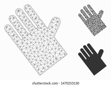 Mesh rubber glove model with triangle mosaic icon. Wire frame triangular mesh of rubber glove. Vector composition of triangle parts in different sizes, and color hues. Abstract 2d mesh rubber glove,
