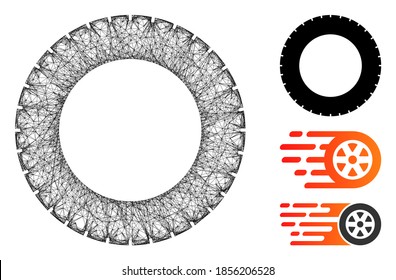 Mesh rubber tire polygonal web icon vector illustration. Model is based on rubber tire flat icon. Triangle network forms abstract rubber tire flat model.