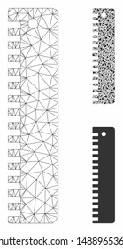 Mesh ruler model with triangle mosaic icon. Wire carcass polygonal network of ruler. Vector mosaic of triangle parts in variable sizes, and color tints. Abstract flat mesh ruler,
