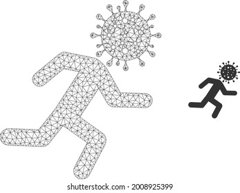 Mesh running covid man model icon. Wire frame polygonal mesh of vector running covid man isolated on a white background. Abstract 2d mesh designed with polygonal grid and small circle.
