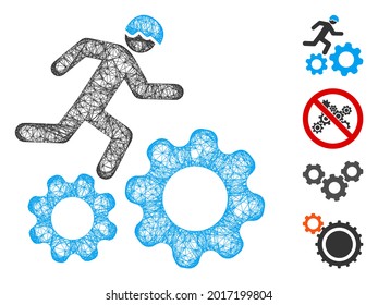 Mesh running developer over gears web icon vector illustration. Carcass model is based on running developer over gears flat icon. Network forms abstract running developer over gears flat model.