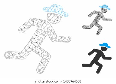 Mesh running gentleman model with triangle mosaic icon. Wire carcass polygonal network of running gentleman. Vector collage of triangle elements in different sizes, and color shades.