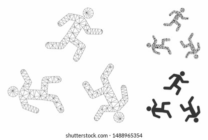Mesh running men circulation model with triangle mosaic icon. Wire frame polygonal mesh of running men circulation. Vector collage of triangles in variable sizes, and color tints.