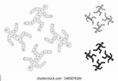 Mesh running men model with triangle mosaic icon. Wire carcass polygonal mesh of running men. Vector composition of triangle elements in various sizes, and color shades.