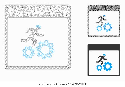 Mesh running worker calendar page model with triangle mosaic icon. Wire frame triangular network of running worker calendar page. Vector mosaic of triangle parts in different sizes, and color shades.