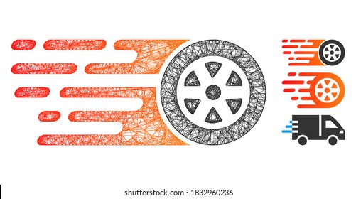 Mesh rush car wheel polygonal web 2d vector illustration. Model is created from rush car wheel flat icon. Triangular network forms abstract rush car wheel flat model.