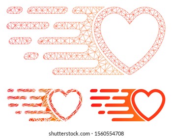 Mesh rush love heart model with triangle mosaic icon. Wire carcass triangular mesh of rush love heart. Vector mosaic of triangle elements in various sizes, and color shades.
