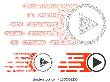 Mesh rush play symbol model with triangle mosaic icon. Wire carcass polygonal mesh of rush play symbol. Vector collage of triangle parts in various sizes, and color shades.