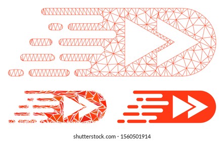 Mesh rush rewind forward model with triangle mosaic icon. Wire frame polygonal mesh of rush rewind forward. Vector mosaic of triangle elements in different sizes, and color shades.