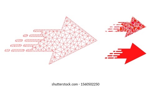 Mesh rush right arrow model with triangle mosaic icon. Wire frame triangular mesh of rush right arrow. Vector mosaic of triangle parts in variable sizes, and color shades.