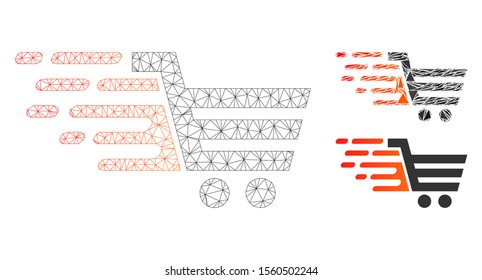 Mesh rush shopping cart model with triangle mosaic icon. Wire carcass polygonal mesh of rush shopping cart. Vector composition of triangle elements in variable sizes, and color shades.